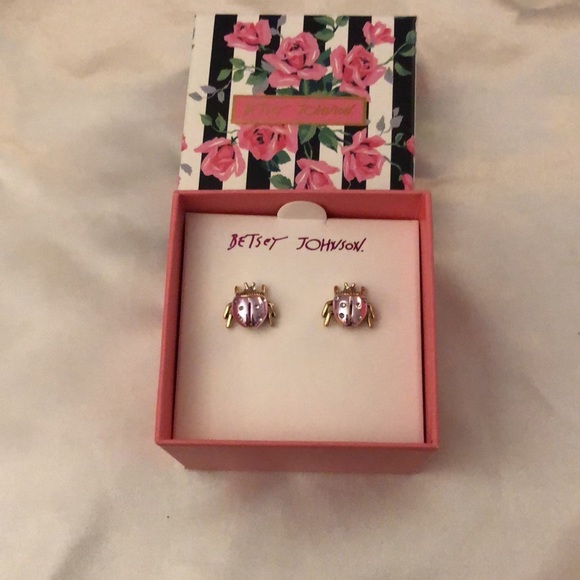 Betsey Johnson Gold Tone & Pastel Purple Ladybug Stud Earrings Crystal Accents - Picture 8 of 12